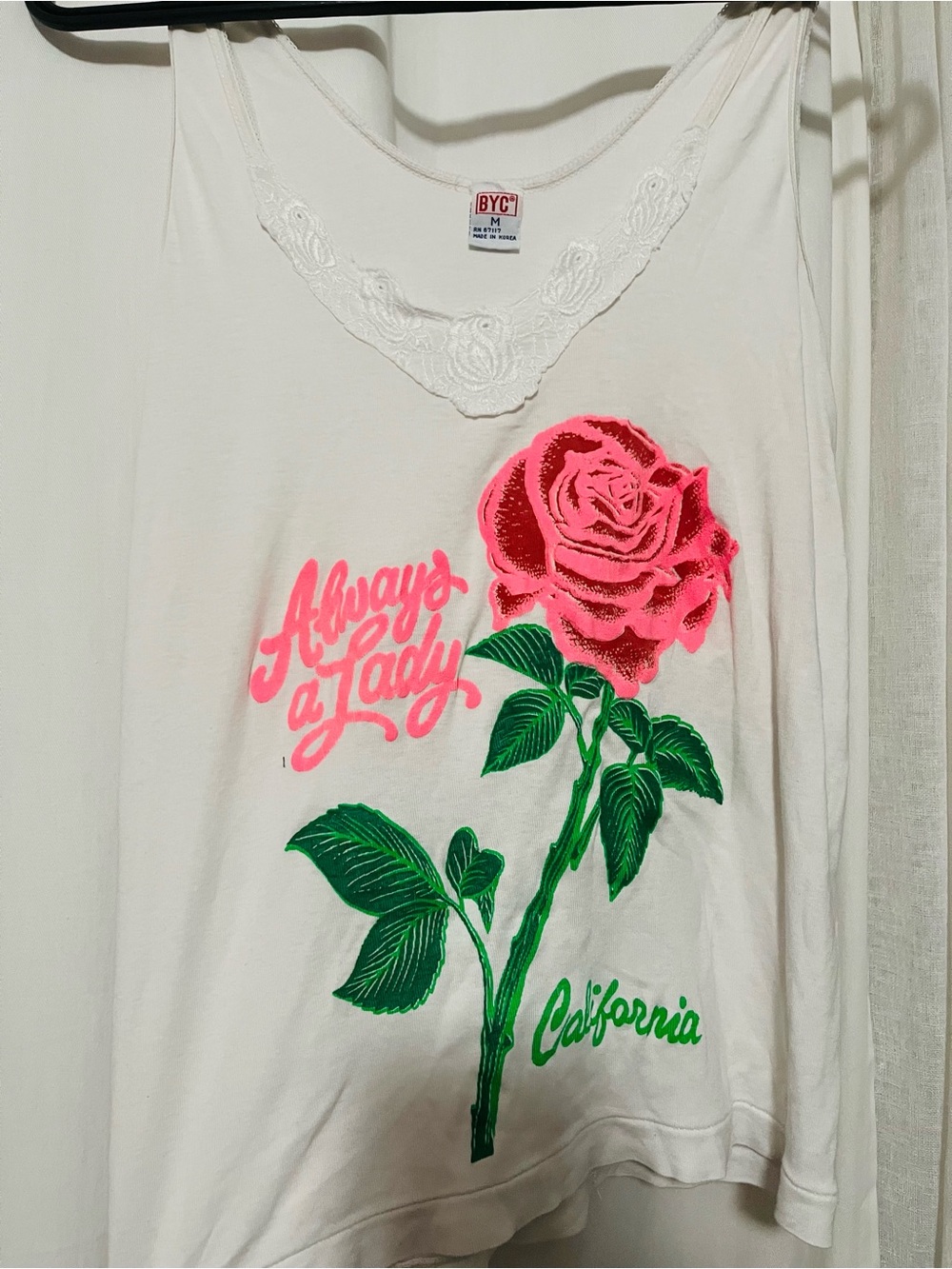 Highlevel BYC White Tank Top with Pink Rose and Green Leaves